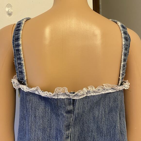 VTG OldNavy BlueDenim LaceTrim Corset Coquette Babydoll Handmade Up cycle L/XL - Picture 8 of 13